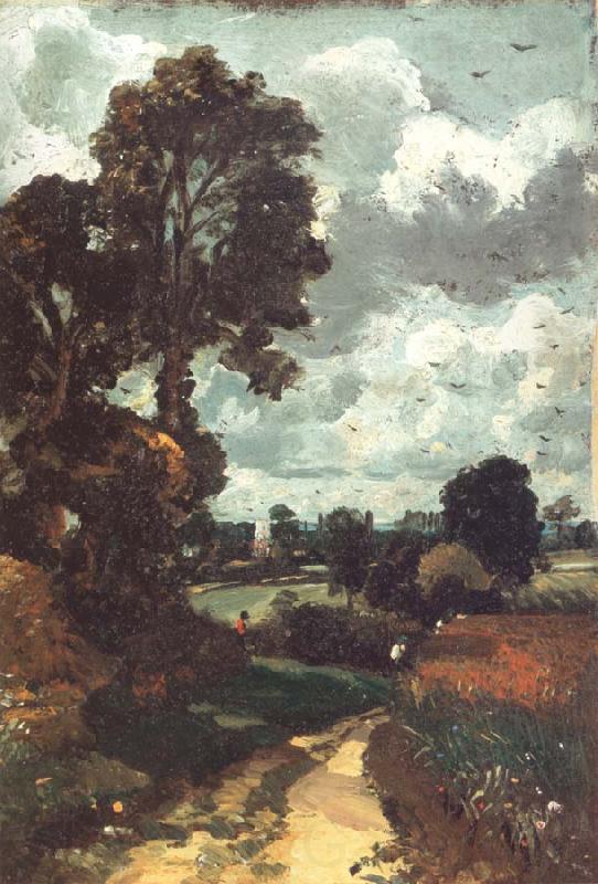 John Constable A country lane,with a church in the distance Norge oil painting art